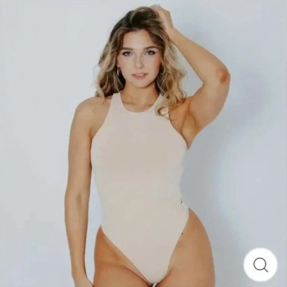 Klassy Network Ribbed High Neck Racerback Bramisuit Bodysuit- Cream, Size Small